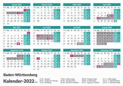 Ferien 2022 + Feiertage zum Ausdrucken - Baden-Württemberg Vorschau