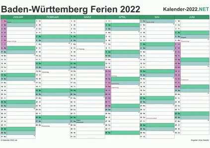 Vorschau EXCEL-Halbjahreskalender 2022 mit den Ferien Baden-Württemberg