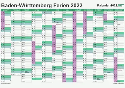 Vorschau EXCEL-Kalender 2022 mit den Ferien Baden-Württemberg