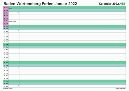 Monatskalender 2022 zum Ausdrucken zum Ausdrucken - mit FerienBaden-Württemberg Vorschau