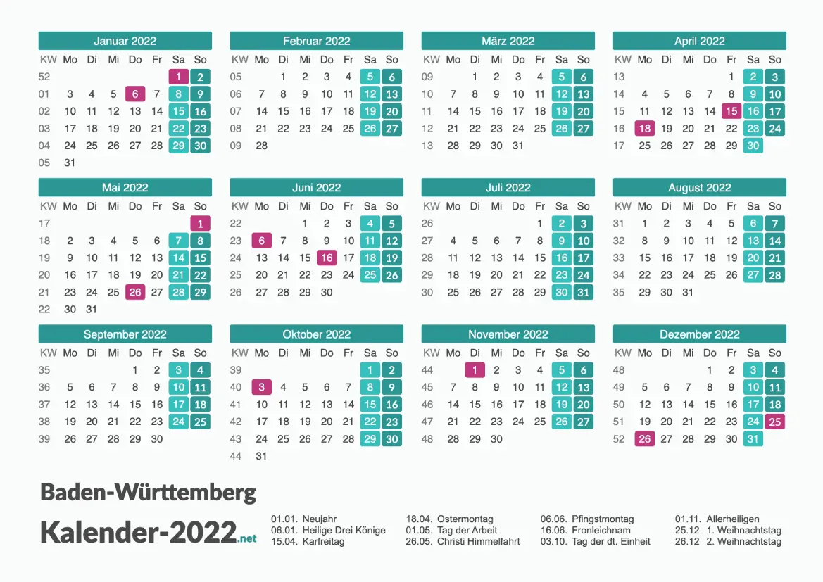 Kalender 2022 Baden Württemberg
