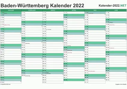Vorschau Halbjahreskalender 2022 für EXCEL Baden-Württemberg