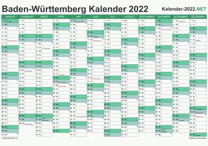 Vorschau Kalender 2022 für EXCEL mit Feiertagen Baden-Württemberg
