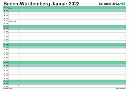 Vorschau Monatskalender 2022 für EXCEL Baden-Württemberg