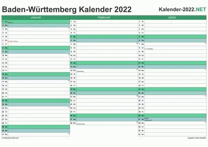 Vorschau Quartalskalender 2022 für EXCEL Baden-Württemberg