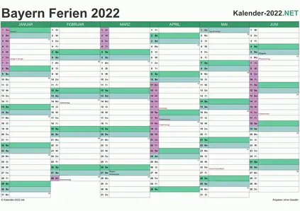 Vorschau EXCEL-Halbjahreskalender 2022 mit den Ferien Bayern