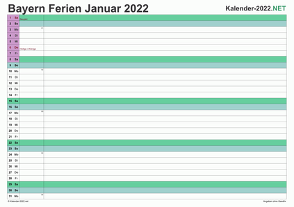 Vorschau EXCEL-Monatskalender 2022 mit den Ferien Bayern