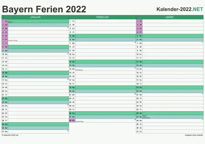 Vorschau EXCEL-Quartalskalender 2022 mit den Ferien Bayern