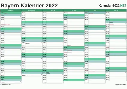 Vorschau Halbjahreskalender 2022 für EXCEL Bayern