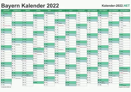 Vorschau Kalender 2022 für EXCEL mit Feiertagen Bayern