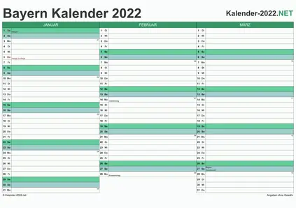 Vorschau Quartalskalender 2022 für EXCEL Bayern
