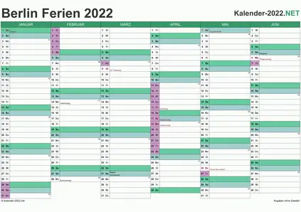 Vorschau EXCEL-Halbjahreskalender 2022 mit den Ferien Berlin