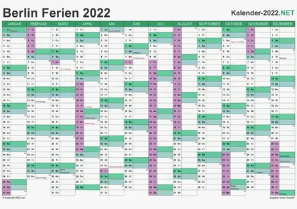 Vorschau EXCEL-Kalender 2022 mit den Ferien Berlin