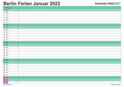 Vorschau EXCEL-Monatskalender 2022 mit den Ferien Berlin