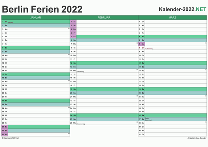 Vorschau EXCEL-Quartalskalender 2022 mit den Ferien Berlin