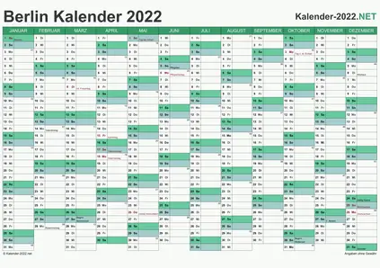 Vorschau Kalender 2022 für EXCEL mit Feiertagen Berlin