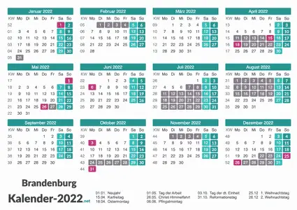 Ferien 2022 + Feiertage zum Ausdrucken - Brandenburg Vorschau
