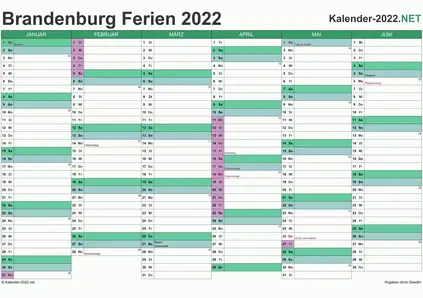 Vorschau EXCEL-Halbjahreskalender 2022 mit den Ferien Brandenburg