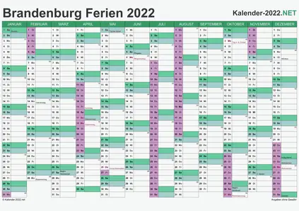 Vorschau EXCEL-Kalender 2022 mit den Ferien Brandenburg