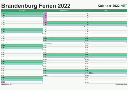 Vorschau EXCEL-Quartalskalender 2022 mit den Ferien Brandenburg