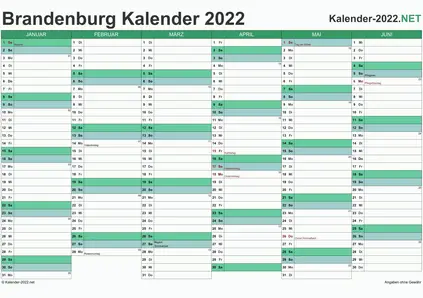 Vorschau Halbjahreskalender 2022 für EXCEL Brandenburg