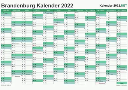 Vorschau Kalender 2022 für EXCEL mit Feiertagen Brandenburg