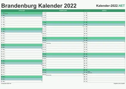 Vorschau Quartalskalender 2022 für EXCEL Brandenburg