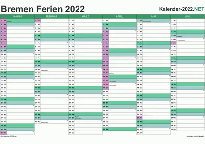 Vorschau EXCEL-Halbjahreskalender 2022 mit den Ferien Bremen