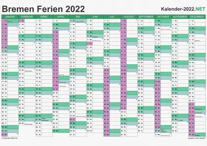 Vorschau EXCEL-Kalender 2022 mit den Ferien Bremen