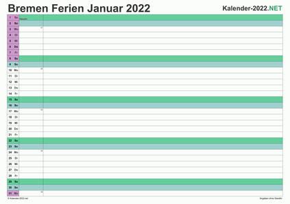 Vorschau EXCEL-Monatskalender 2022 mit den Ferien Bremen