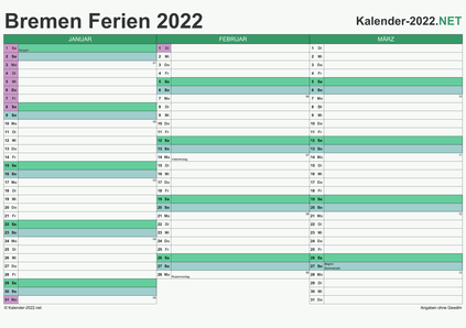 Vorschau EXCEL-Quartalskalender 2022 mit den Ferien Bremen