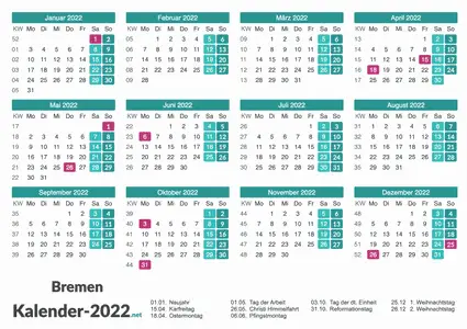 Bremen Kalender 2022 + Feiertage Vorschau