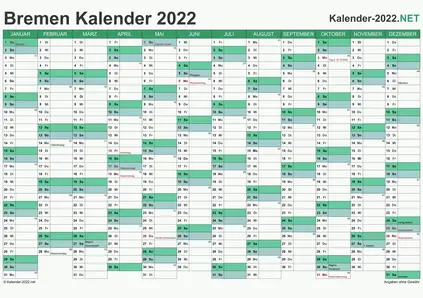 Vorschau Kalender 2022 für EXCEL mit Feiertagen Bremen