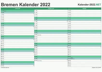 Vorschau Quartalskalender 2022 für EXCEL Bremen