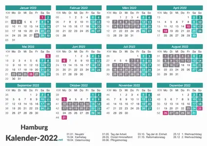 Ferien 2022 + Feiertage zum Ausdrucken - Hamburg Vorschau