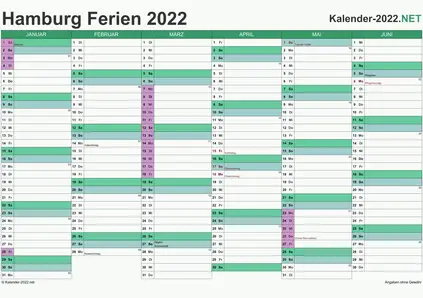 Vorschau EXCEL-Halbjahreskalender 2022 mit den Ferien Hamburg