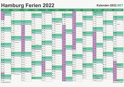 Vorschau EXCEL-Kalender 2022 mit den Ferien Hamburg