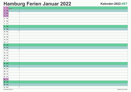 Monatskalender 2022 zum Ausdrucken zum Ausdrucken - mit FerienHamburg Vorschau