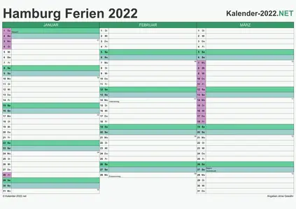 Vorschau EXCEL-Quartalskalender 2022 mit den Ferien Hamburg