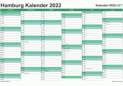 Vorschau Halbjahreskalender 2022 für EXCEL Hamburg