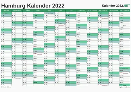 Vorschau Kalender 2022 für EXCEL mit Feiertagen Hamburg