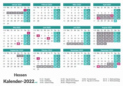 Ferien 2022 + Feiertage zum Ausdrucken - Hessen Vorschau