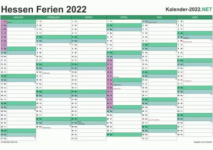 Vorschau EXCEL-Halbjahreskalender 2022 mit den Ferien Hessen
