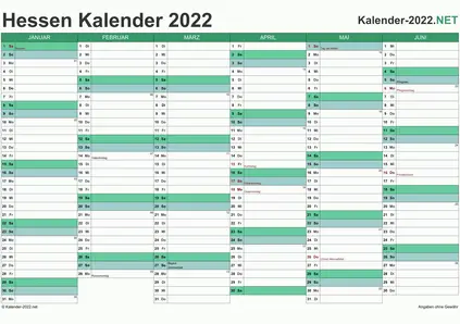 Vorschau Halbjahreskalender 2022 für EXCEL Hessen