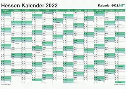 Vorschau Kalender 2022 für EXCEL mit Feiertagen Hessen