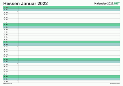 Vorschau Monatskalender 2022 für EXCEL Hessen