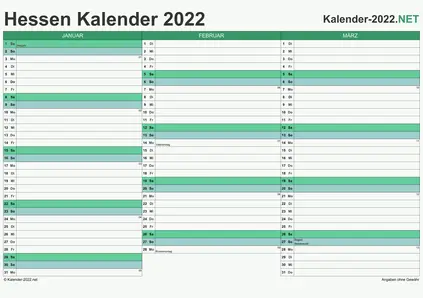 Vorschau Quartalskalender 2022 für EXCEL Hessen