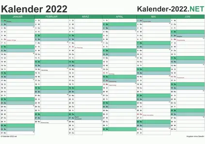 Vorschau Halbjahreskalender 2022 für EXCEL Deutschland