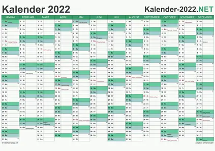Vorschau Kalender 2022 für EXCEL mit Feiertagen Deutschland
