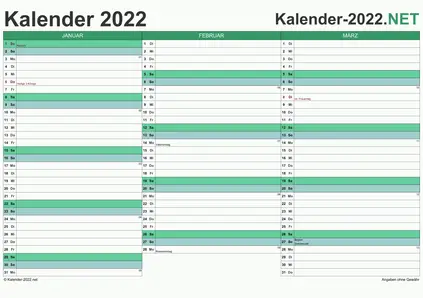 Vorschau Quartalskalender 2022 für EXCEL Deutschland